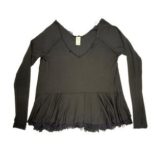 Free People We The Free Black Deep V Neck Peplum Blouse Top Womens Size Medium